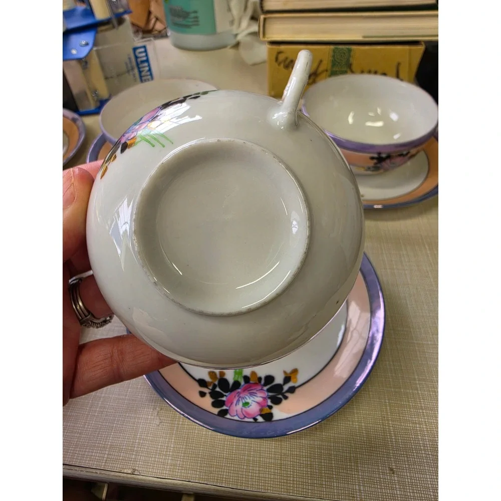 Vintage Japanese Lusterware Tea Cup and Saucer Set Hand Painted Floral 10 Piece